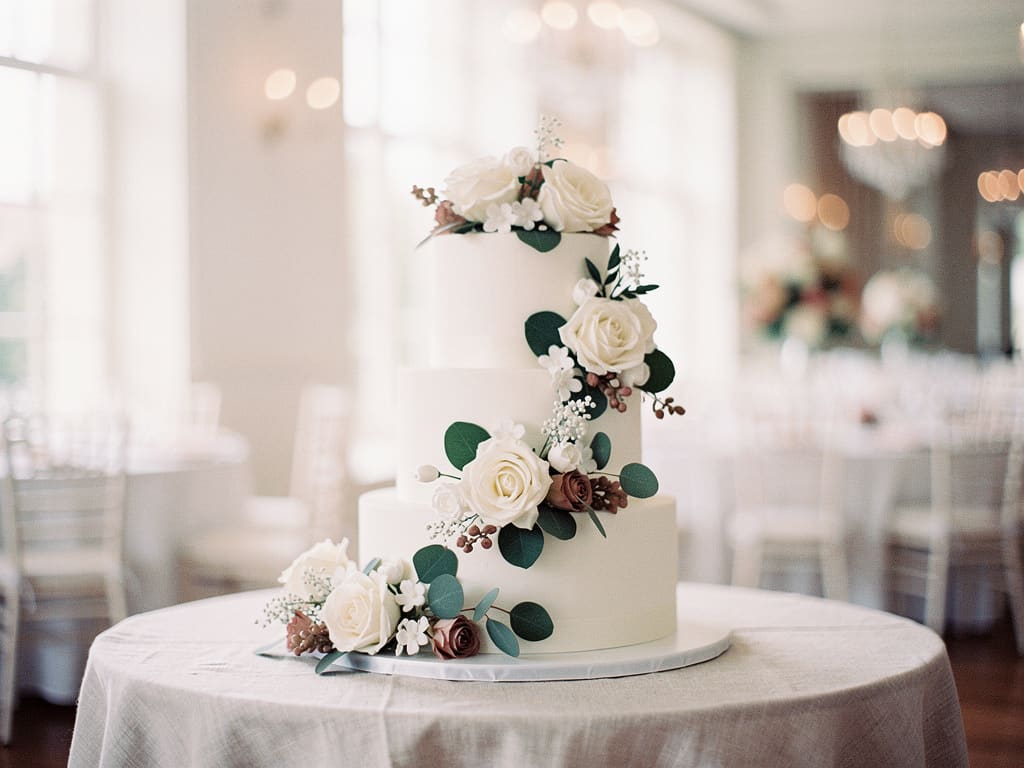 Torta nuziale a più piani con decorazioni floreali in zucchero